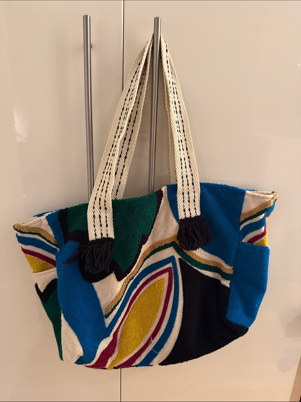 Zara Multicolor Patterned Tote with Cream Rope Handles NWOT